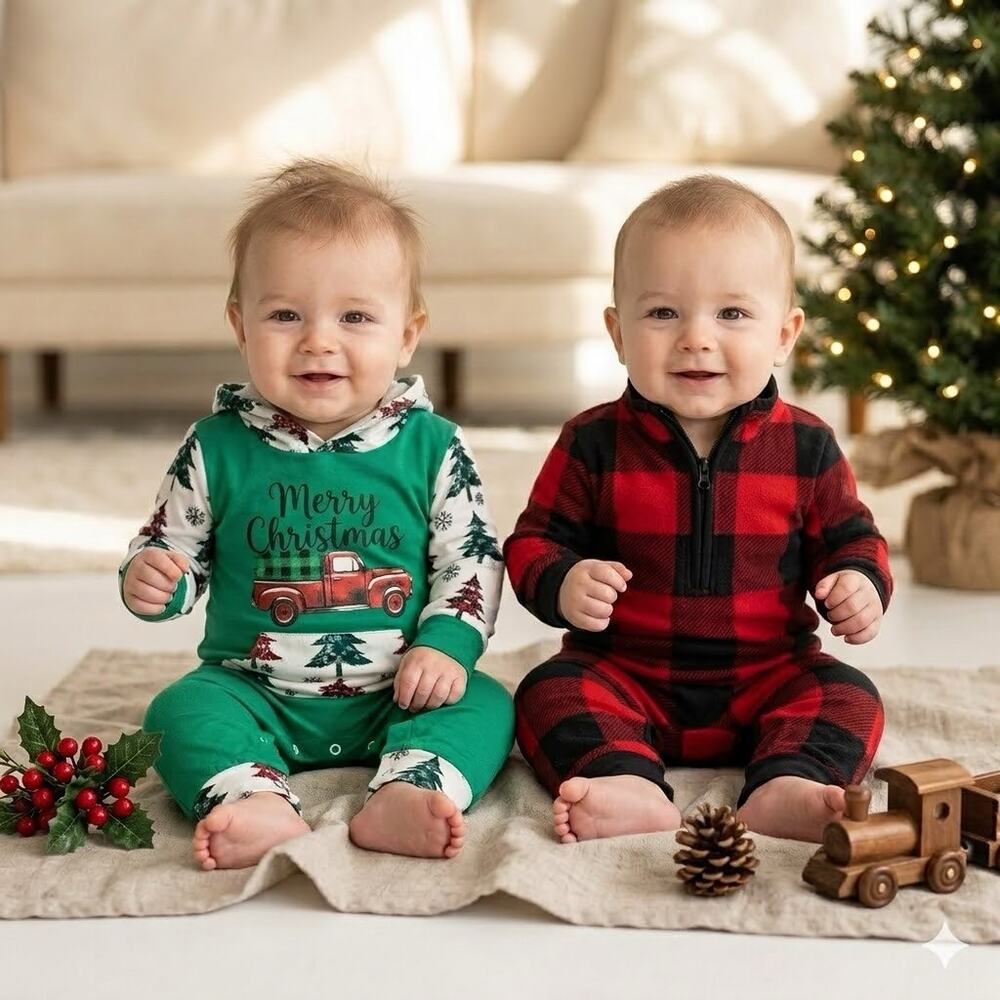Winter / Christmas Baby Romper Lot Truck Plaid Unisex Used 3-6 Months Lot of 2